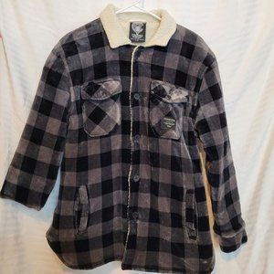 Crooks and Castles Fleece Plaid Button Up Jacket Coat Sz Large Black Gray White